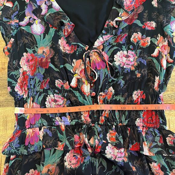 Paige Paradis 100% Silk Ruffle Floral Midi Dress M Dark Romantic Wedding Guest - Picture 12 of 13